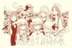 6+girls alice_margatroid ascot bat_wings beret book bow bowtie braid brooch capelet closed_eyes closed_mouth commentary crescent crescent_hair_ornament crescent_hat_ornament crystal dress flandre_scarlet flower hair_bow hair_ornament hairband hand_on_another&#039;s_arm hand_on_another&#039;s_shoulder hat hat_bow hat_ornament head_wings holding holding_book hong_meiling izayoi_sakuya jewelry kirisame_marisa koakuma light_blush light_smile long_hair long_sleeves looking_at_viewer maid_headdress mob_cap multiple_girls necktie open_mouth outdoors patchouli_knowledge puffy_short_sleeves puffy_sleeves remilia_scarlet rose rose_bush shirt short_hair short_sleeves siblings side_braid side_ponytail single_braid sisters skirt skirt_hold skirt_set smile star_(symbol) star_hat_ornament sweatdrop touhou translated twin_braids vest victory_pose wings witch_hat yonu_(yonurime)