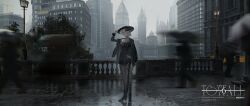 Rule 34 | 1girl, absurdres, adjusting clothes, adjusting headwear, black footwear, black jacket, black pantyhose, blender (medium), braid, bridge, building, cityscape, clock, clock tower, half up braid, high heels, highres, jacket, jacket on shoulders, long sleeves, motion blur, original, pantyhose, parted lips, people, photoshop (medium), railing, rain, short hair, solo focus, standing, tmt, tower, tree, umbrella, white eyes, white hair, wide shot