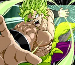 Rule 34 | 1boy, abs, angry, black border, border, bracer, broly (dragon ball super), commentary request, cross scar, dragon ball, dragon ball super, dragon ball super broly, energy ball, facial scar, floating clothes, floating hair, fur (clothing), furious, green fur, green hair, incoming attack, legendary super saiyan, male focus, muscular, muscular male, no pupils, open mouth, pants, pelt, purple pants, reaching, reaching towards viewer, scar, scar on cheek, scar on chest, scar on face, shin (mrgt2288), short hair, solo, spiked hair, super saiyan, teeth, topless male