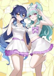 2girls :p alternate_costume aqua_hair blue_hair blush closed_mouth commentary_request crop_top dress drill_hair genshin_impact hair_between_eyes hand_up highres holding_hands layla_(genshin_impact) leg_up long_hair looking_at_viewer midriff multiple_girls nihongami off-shoulder_dress off_shoulder pointy_ears purple_eyes skirt strapless symbol-shaped_pupils taira_(taira_oekaki) tongue tongue_out tube_top very_long_hair white_dress white_skirt yellow_eyes yumemizuki_mizuki