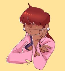 1girl 1shermieaday breasts cleavage_cutout clothing_cutout dark-skinned_female dark_skin earrings heart jacket jewelry large_breasts long_hair long_sleeves ponytail red_hair shermie_(kof) smile tan the_king_of_fighters