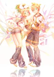 00s 1boy 1girl black_leg_warmers black_legwear black_sailor_collar black_shorts black_sleeves blonde_hair bow brother_and_sister detached_sleeves full_body green_eyes grey_shorts hair_between_eyes hair_bow hair_ornament hairclip headphones headset highres holding_hands interlocked_fingers kagamine_len kagamine_rin leaning_forward leg_warmers long_sleeves looking_at_viewer microphone necktie parted_bangs sailor_collar shirt short_hair short_shorts short_sleeves shorts siblings sleeveless sleeveless_shirt standing twins vocaloid white_bow white_footwear white_shirt yellow_neckwear yyb