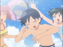 2boys 2girls animated animated_gif anime_screenshot azumaya_koyuki bikini blue_bikini blue_eyes blue_hair closed_eyes dark_blue_hair dororo_(keroro_gunsou) green_hair hinata_fuyuki hinata_natsumi keroro_gunsou looping_animation male_swimwear multiple_boys multiple_girls red_hair sparkling_water swim_trunks swimsuit third-party_edit yellow_bikini