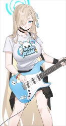 1girl asuna_(blue_archive) black_jacket black_skirt blonde_hair blue_archive blue_eyes blue_halo blush breasts cable choker clothes_around_waist collarbone cosplay electric_guitar fender_stratocaster guitar hair_over_one_eye halo helandyck highres holding holding_guitar holding_instrument instrument jacket jacket_around_waist kazusa_(blue_archive) kazusa_(blue_archive)_(cosplay) large_breasts long_hair looking_at_viewer mask mouth_mask plectrum shirt skirt solo thighs tongue tongue_out very_long_hair white_shirt wristband