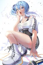 1girl black_leotard black_shoes boots bow breasts collarbone covered_navel hair_bow highres hololive hololive_dance_practice_uniform hoshimachi_suisei kneeling leotard lightning looking_at_viewer looking_down medium_breasts microphone nijiiro_2525_07 off_shoulder open_mouth ponytail saliva shoes short_shorts shorts simple_background solo tongue tongue_out white_background