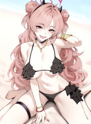 1girl bare_shoulders barefoot beach bikini black_bikini black_choker blue_archive blush breasts choker collarbone commentary commission day double_bun ei_(eiei_e1) fang fingernails frilled_bikini frilled_bikini_top frills hair_between_eyes hair_bun halo highres kirara_(blue_archive) large_breasts long_hair looking_at_viewer nail_polish navel ocean open_mouth outdoors pink_eyes pink_hair pink_halo pink_nails sand sitting smile solo stomach swimsuit thighs tongue wariza