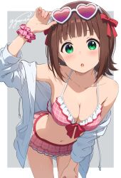 1girl :o adjusting_eyewear amami_haruka arm_up bare_shoulders bikini bikini_skirt blush border bow breasts brown_hair cleavage commentary cowboy_shot dot_nose eyewear_on_head frilled_bikini frills green_eyes grey_background gyorui_(katsuwo_drawing) hair_bow hand_on_own_thigh heart heart-shaped_eyewear highres hood hoodie idolmaster idolmaster_(classic) leaning_forward legs_apart looking_at_viewer medium_breasts open_clothes open_hoodie open_mouth outside_border pink_bikini pink_scrunchie plaid_bikini plaid_clothes polka_dot polka_dot_scrunchie red-tinted_eyewear red_bow scrunchie short_hair signature solo standing straight_hair sunglasses swimsuit tinted_eyewear white-framed_eyewear white_border white_hoodie wrist_scrunchie