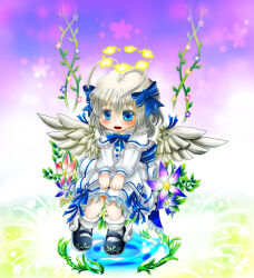 1girl angel_feather_alma antenna_hair blue_boots blue_ribbon boots capelet dress emil_chronicle_online flower frilled_capelet frilled_dress frills hair_ribbon ivy neck_ribbon ribbon socks swing white_capelet white_dress white_hair white_socks white_wings wings