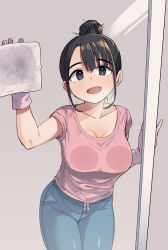 1girl :d against_door against_glass arm_support arm_up armpit_peek bare_arms black_eyes black_hair blue_pants blunt_bangs breast_press breasts breasts_on_glass cleaning cleaning_windows cleavage collarbone covered_erect_nipples cowboy_shot door drawstring eyes_visible_through_hair geso_smith glass glass_door gloves grey_background hair_between_eyes hair_bun hand_on_glass hand_up highres indoors large_breasts leaning_forward looking_at_viewer looking_up mole mole_under_mouth open_mouth original pants parted_bangs pink_gloves pink_shirt cleaning_rag rubber_gloves shirt short_sleeves single_hair_bun sliding_doors smile solo sweatpants tareme thick_eyebrows tight_clothes tight_pants window