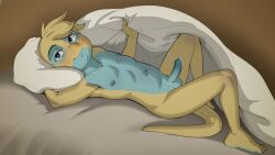 1boy all_fours apis armpits bed blonde_hair completely_nude cum cum_string cumdrip dunsparce furry gen_2_pokemon male_focus monster_boy nintendo nude pectorals penis pillow pokemon pokemon_(creature) shota solo tail testicles