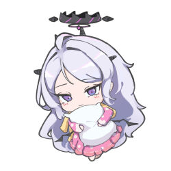 Rule 34 | 1girl, ahoge, black halo, blue archive, chibi, deformed, full body, halo, hina (blue archive), hina (pajamas) (blue archive), hugging object, jacket, long hair, looking at viewer, mienpp, pajamas, pillow, pillow hug, pink pajamas, polka dot, polka dot pajamas, purple eyes, smile, solo, very long hair, white hair, yellow jacket