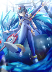 1girl android blue_eyes capcom crossed_legs dragon fairy_leviathan_(mega_man) female_focus full_body gloves helmet high_heels ice ice_dragon looking_at_viewer looking_down mega_man_(series) mega_man_zero_(series) outstretched_arm polearm red_eyes sitting solo solo_focus spear thighhighs underwater weapon white_gloves