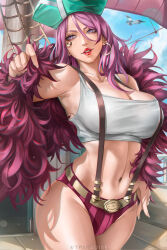 1girl absurdres belt breasts cleavage crop_top earrings highres hoop_earrings jewelry jewelry_bonney large_breasts micro_shorts midriff navel one_piece parted_lips piercing pink_hair red_lips ship shirt shorts solo suspenders watercraft white_shirt wtparadise