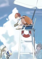 Rule 34 | 1girl, 2boys, :3, artoria caster (fate), artoria caster (swimsuit) (fate), artoria caster (swimsuit) (first ascension) (fate), artoria caster (swimsuit berserker) (fate), artoria caster (swimsuit berserker) (first ascension) (fate), artoria pendragon (fate), ball, beach umbrella, binoculars, blue sky, chair, closed mouth, cloud, cloudy sky, day, emiya shirou, fate/grand order, fate (series), grey hair, highres, holding, holding ball, holding binoculars, jacket, lifebuoy, lifeguard, lifeguard chair, lifeguard tower, long hair, looking at another, male swimwear, medium hair, multiple boys, oberon (fate), oberon (overnight dream) (fate), oberon (third ascension) (fate), open mouth, outdoors, pout, red hair, senji muramasa (fate), short hair, sitting, sky, smile, soshin (siriusalpc), standing, swim ring, swim trunks, twintails, umbrella, volleyball (object), watch