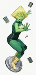 Rule 34 | 1girl, adelheid (moschiola), blonde hair, bodysuit, boots, colored skin, forehead jewel, full body, green bodysuit, green eyes, green hair, green skin, highres, looking at viewer, open mouth, peridot (steven universe), short hair, simple background, solo, steven universe, thick thighs, thighs, tinted eyewear, white background, yellow-tinted eyewear, yellow boots