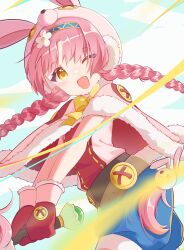 1girl animal_hat belt blue_hairband braid button_eyes buttons capelet chichi_fire flower_hairband fur-trimmed_capelet fur-trimmed_hood fur-trimmed_mittens fur_trim hairband hat highres holding holding_weapon hood mimi_(princess_connect!) mittens one_eye_closed open_mouth pink_capelet princess_connect! puffy_shorts rabbit_hat red_mittens shorts solo twin_braids weapon