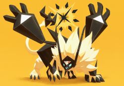 animal_nose black_claws black_gemstone black_helmet black_mask blue_eyes claws crystal ewokakukaede fake_horns gem gen_7_pokemon glowing glowing_eyes helmet highres horned_helmet horned_mask horns legendary_pokemon lion mane mask necrozma necrozma_(dusk_mane) nintendo no_humans pokemon pokemon_(creature) pokemon_focus solo sparkle star_(symbol) sun_symbol tail triangle yellow_background