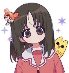 &lt;o&gt;_&lt;o&gt; 2girls :3 :d azumanga_daioh&#039;s_school_uniform azumanga_daiou brown_hair closed_eyes closed_mouth grey_outline highres kasuga_ayumu looking_at_viewer medium_hair mihama_chiyo mihama_chiyo&#039;s_father mini_person minigirl multiple_girls open_mouth orange_hair outline parted_bangs red_shirt sailor_collar school_uniform shirt short_hair short_twintails simple_background smile twintails upper_body white_background white_sailor_collar yalmyu