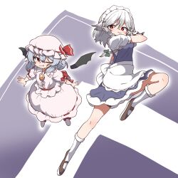 2girls apron bat_wings blue_dress blue_hair braid brown_shoes dress fang full_body hair_between_eyes hair_ribbon hat highres holding holding_knife izayoi_sakuya knife looking_at_viewer magg_(user_mtca8588) maid maid_apron maid_headdress medium_hair mob_cap multiple_girls multiple_knives one_eye_closed red_eyes remilia_scarlet ribbon shoes short_sleeves simple_background smile socks thigh_strap touhou twin_braids vampire white_dress white_hair white_sleeves white_socks wings