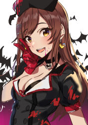 Rule 34 | 1girl, absurdres, bat (animal), bat necklace, black bra, black choker, black headwear, black shirt, blood, blood from mouth, blush, bra, breasts, brown hair, choker, cleavage, collarbone, cup, earrings, gloves, hair ornament, hairclip, hand up, heart, heart earrings, heart o-ring, highres, idolmaster, idolmaster shiny colors, jewelry, kurokin, long hair, looking at viewer, medium breasts, o-ring, open mouth, osaki amana, pink blood, puffy short sleeves, puffy sleeves, red gloves, shirt, short sleeves, simple background, smile, solo, swept bangs, teeth, two-tone background, underwear, upper body, upper teeth only, v, white background, yellow eyes