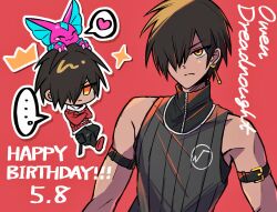 Rule 34 | 1boy, bare shoulders, black hair, black shirt, character name, chibi, chibi inset, commentary request, dark-skinned male, dark skin, dated, digimon, digimon card game, digimon liberator, earrings, elizamon, english text, hair over one eye, happy birthday, highres, jewelry, nagoshi, owen dreadnought, red background, shirt, short hair, simple background, solo focus, upper body, yellow eyes