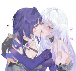 2girls acheron_(honkai:_star_rail) arms_around_neck bare_shoulders black_gloves black_swan_(honkai:_star_rail) breasts commentary dress elbow_gloves gloves heart highres hiratechen honkai:_star_rail honkai_(series) kiss large_breasts lipstick_mark lipstick_mark_on_face long_hair looking_at_another multiple_girls purple_dress purple_eyes purple_hair simple_background symbol-only_commentary white_background white_hair yellow_eyes yuri