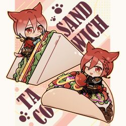 2boys ;d animal_ears cat_boy cat_ears cat_tail chibi chibi_only crystal_exarch dual_persona facial_mark final_fantasy final_fantasy_xiv food full_body g&#039;raha_tia highres holding holding_food in_food looking_at_viewer male_focus mini_person miniboy miqo&#039;te multiple_boys one_eye_closed open_mouth paw_print red_eyes selloum short_hair smile taco tail