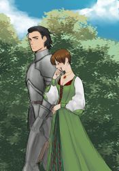 absurdres armor billy_coen black_hair blush brown_hair daggerarcadia dress green_dress heart highres jewelry knight laughing mullet outdoors princess rebecca_chambers resident_evil resident_evil_0 short_hair