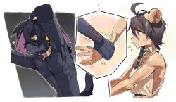 1boy 1girl ^^^ ahoge animal_ears black_fur black_hair body_fur brown_eyes brown_fur brown_hair choker commentary english_commentary furrification furry furry_female furry_male highres holding_another&#039;s_wrist juliana_(pokemon) kieran_(pokemon) knifedragon multicolored_hair nintendo pink_hair pokemon pokemon_sv short_hair sweat tail two-tone_hair yellow_choker yellow_eyes