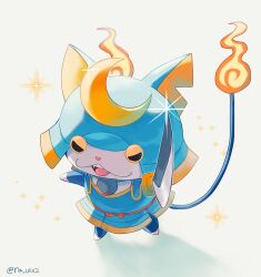 1boy animal_ears armor artist_name blue_armor blue_helmet bushinyan cat_ears chibikemo fire flame-tipped_tail furry furry_male helmet highres hitodama holding holding_sword holding_weapon japanese_armor kabuto_(helmet) looking_at_viewer male_focus multiple_tails notched_ear open_mouth rongai28 simple_background solo sparkle sword tail teeth two_tails upper_teeth_only weapon white_background youkai_(youkai_watch) youkai_watch