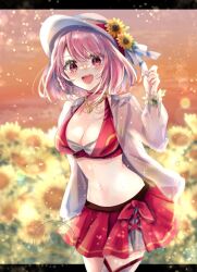 Rule 34 | 1girl, bikini, blush, breasts, cleavage, fire emblem, fire emblem engage, fire emblem heroes, flat cap, flower, hat, jacket, jewelry, lapis (fire emblem), lapis (forager of the sea) (fire emblem), large breasts, multicolored bikini, navel, necklace, nintendo, official alternate costume, open mouth, pink eyes, pink hair, red bikini, see-through clothes, see-through jacket, short hair, smile, solo, sunflower, swimsuit, teeth, two-tone hat, white hat, white jacket, yuyu (spika)