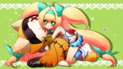 Rule 34 | 1girl, blazblue, bow, hair bow, hug, jubei (blazblue), kneeling, long hair, magical girl, non-web source, official art, platinum the trinity, solo, stuffed toy, very long hair