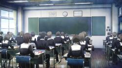 6+boys 6+girls black_hair black_jacket black_pants blazer board_eraser brown_hair chair chalkboard chaos;child chaos_child_syndrome classroom colored_skin cropped_jacket curtains desk dress_vest ears_visible_through_hair eraser from_behind game_cg green_hair green_skin hair_over_shoulder hekiho_academy hekiho_academy_school_uniform highres indoors jacket long_hair medium_hair multiple_boys multiple_girls non-web_source official_art old old_man old_woman on_chair pants ponytail sailor_collar sailor_shirt sasaki_mutsumi school school_chair school_desk school_uniform shirt shoes short_hair sidelocks twintails uwabaki very_short_hair white_sailor_collar window wrinkled_skin