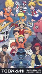 .hack// .hack//sign 1girl 1other 6+boys arms_behind_head belt big_o_(mecha) bishoujo_senshi_sailor_moon black_eyes black_hair bleach blonde_hair blue_background blue_eyes bobobo-bo_bo-bobo bobobo-bo_bo-bobo_(character) brown_eyes brown_hair casshern casshern_(series) casshern_sins choujikuu_yousai_macross clenched_hands closed_mouth commentary covered_navel crossover cyborg_009 dark-skinned_male dark_skin dragon_ball dragonball_z dress english_commentary english_text eureka_seven_(series) facial_mark flexing frown gene_starwind grey_eyes grey_hair group_picture gundam gundam_wing hamtaro hamtaro_(series) hands_on_own_hips highres himura_kenshin holding holding_staff holding_weapon jacket kurosaki_ichigo long_hair looking_at_viewer looking_back macross marcotte masaki_tenchi mecha monkey_d._luffy multiple_boys multiple_crossover naruto_(series) nirvash one_piece open_mouth orange_fur orange_hair outlaw_star pink_sailor_collar poster_(medium) red_hair robot robotech rurouni_kenshin sailor sailor_collar sailor_dress samurai_7 scar scar_on_face scarf shimada_kanbei shimamura_joe signature smile smirk son_goku spiked_hair staff studio_pierrot sunglasses super_saiyan teeth tenchi_muyou! the_big_o toei_animation tom_(toonami) toonami toonami_operations_module tsukasa_(.hack//) tsukino_usagi twintails urameshi_yusuke uzumaki_naruto vf-1 weapon whisker_markings wing_gundam_zero yellow_scarf yuu_yuu_hakusho