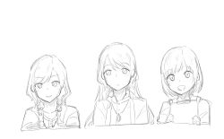 3girls bang_dream! bow collarbone hair_bow hazawa_tsugumi highres hikawa_hina hikawa_sayo holding jacket jewelry looking_at_viewer multiple_girls necklace open_mouth shirt simple_background zgok1uy8amciwae
