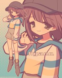 1girl absurdres ankle_socks beanie camisole full_body hat highres minami_mina shoes shorts smile socks standing striped_camisole toki_ayano yellow_socks yurucamp