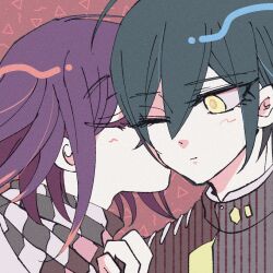 2boys ahoge black_hair blush buttons checkered_clothes checkered_scarf closed_eyes commentary_request danganronpa_(series) danganronpa_v3:_killing_harmony eyelashes flipped_hair hair_between_eyes hand_on_another&#039;s_shoulder jacket kiss male_focus medium_hair multiple_boys oma_kokichi one_eye_closed pink_background portrait purple_eyes purple_hair saihara_shuichi scarf short_hair simple_background smile suzuko_(katahaba_v3) two-tone_scarf yaoi yellow_eyes