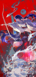 1girl absurdres bellflower black_flower blunt_bangs bow_(weapon) chinese_bellflower chinese_commentary closed_mouth colyba dragon drawing_bow eastern_dragon expressionless flower flower_necklace full_body full_moon hakama hakama_skirt highres holding holding_bow_(weapon) holding_weapon inuyasha japanese_clothes jewelry kikyou_(inuyasha) kimono long_hair long_sleeves looking_to_the_side low_ponytail miko moon necklace outdoors ponytail purple_eyes purple_hair red_hakama red_sky ribbon-trimmed_sleeves ribbon_trim ripples sandals shinidamachuu sidelocks skirt sky small_dragon socks solo spirit standing standing_on_liquid standing_on_one_leg tabi torii very_long_hair watermark weapon weibo_watermark white_kimono white_socks wide_sleeves zouri