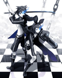 Rule 34 | 1boy, 1girl, arm cannon, bikini, bikini top only, black hair, black rock shooter, black rock shooter (character), black rock shooter (cosplay), cape, chain, checkered floor, cosplay, glowing, glowing eye, glowing eyes, gun, habuki, kagamine len, kagamine rin, midriff, shorts, swimsuit, sword, vocaloid, weapon