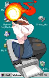 Rule 34 | 1girl, artist logo, artist name, black skin, blue skirt, breasts, cleavage, collared shirt, colored skin, commentary, desktop (computing), english commentary, fire, krokobyaka, large breasts, logo, microsoft windows, original, pencil skirt, pixel art, printer, shirt, sitting, skirt, solo, white shirt, windows 98, windows classic