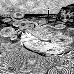 1boy 1girl album_cover cape closed_eyes closed_mouth cover fingernails glasses goshima_kirie greyscale highres hug itou_junji lighthouse long_hair long_sleeves monochrome ocean rectangular_eyewear saito_shuichi short_hair sky spiral spiral_hair spirals torn_cape torn_clothes tornado uzumaki very_long_hair