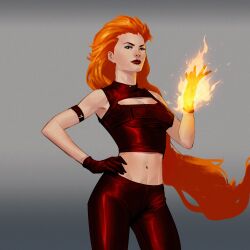 Rule 34 | 1girl, absurdres, armband, belly, black eyes, cleavage cutout, clothing cutout, dc comics, filipe sca, fire, gloves, highres, long hair, looking at viewer, muscular, muscular female, navel, orange hair, red gloves, red lips, superhero costume, tagme, upper body