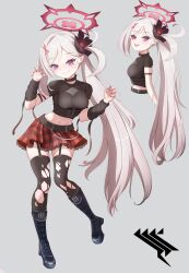 1girl absurdres arm_strap belt black_belt black_boots blue_archive blush boots breasts commentary_request flower getsutokei grey_background grin hair_flower hair_ornament hairclip halo highres knee_boots loli long_hair looking_at_viewer midriff miniskirt multiple_views mutsuki_(blue_archive) navel open_mouth plaid_clothes plaid_skirt pleated_skirt purple_eyes red_halo short_sleeves side_ponytail simple_background skirt small_breasts smile thighhighs torn_clothes torn_thighhighs very_long_hair white_thighhighs