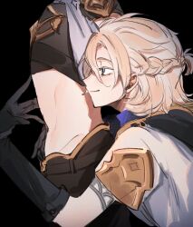 2boys aether_(genshin_impact) albedo_(genshin_impact) armor belt black_background black_gloves blonde_hair blue_eyes blue_shirt braid brown_belt brown_pants brown_shirt closed_mouth commentary_request genshin_impact gloves hair_between_eyes hand_up highres hood hoodie looking_at_another male_focus midriff multiple_boys pants scarf shirt short_hair short_sleeves shoulder_armor simple_background smile standing tamagokue upper_body white_hoodie white_scarf yaoi