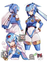 1girl absurdres android ass blue_eyes blue_helmet breasts covered_navel crop_top ddg160 doro_(nikke) fairy_leviathan_(mega_man) fanning_self forehead_jewel from_behind hand_on_own_hip helmet highres large_breasts mega_man_(series) mega_man_zero_(series) multiple_views pulling_own_clothes robot_girl smile sweat teasing thighhighs tongue tongue_out unzipping zero_(mega_man)