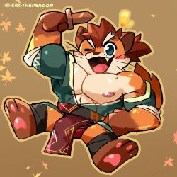 1boy abs animal_ears artist_name bara barefoot blush bulge chibi choi_yuhee_(xxl) commentary dagger dergthedragon english_commentary fang flexing furry furry_male hand_on_own_hip holding holding_dagger holding_knife holding_weapon knife leaf_print loincloth male_focus maple_leaf_print muscular muscular_male one_eye_closed open_mouth pawpads pectorals tail weapon weasel_boy weasel_ears weasel_tail whiskers xxl_woofia
