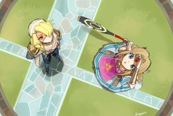 2girls :o arm_up armor bad_id bad_twitter_id bandaged_arm bandages baseball_bat blonde_hair blue_eyes bodysuit bracer braid circlet dress from_above full_body gem hair_over_shoulder holding long_hair looking_up mask mouth_mask multiple_girls nintendo nyagiratwist open_mouth parted_bangs pauldrons pointy_ears princess_zelda red_eyes red_gemstone sheik short_sleeves shoulder_armor sidelocks single_braid standing star_(symbol) super_smash_bros. tabard the_legend_of_zelda the_legend_of_zelda:_a_link_between_worlds the_legend_of_zelda:_a_link_to_the_past the_legend_of_zelda:_ocarina_of_time triforce turban twitter_username white_dress