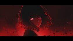 1girl absurdres backlighting chinese_commentary commentary_request film_grain floating_hair highres letterboxed looking_at_viewer looking_back medium_hair monochrome osanai_yuki portrait red_theme shoushimin_series smile solo turning_head yakou77777