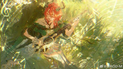 1girl absurdres chinese_commentary ciaccona_(wuthering_waves) closed_eyes commentary_request dress green_dress highres holding holding_instrument instrument music outdoors red_hair riko-m short_sleeves singing sitting smile solo wuthering_waves