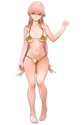 1girl absurdres alternate_costume art_undertaker barefoot bikini blonde_hair breasts breasts_apart collarbone commentary english_commentary feet full_body girls&#039;_frontline girls&#039;_frontline_2:_exilium gold_bikini groza_(girls&#039;_frontline_2) hand_up highres large_breasts long_hair looking_at_viewer navel orange_eyes ots-14_(girls&#039;_frontline) parted_lips simple_background smile solo stomach string_bikini swimsuit toes white_background white_mouth